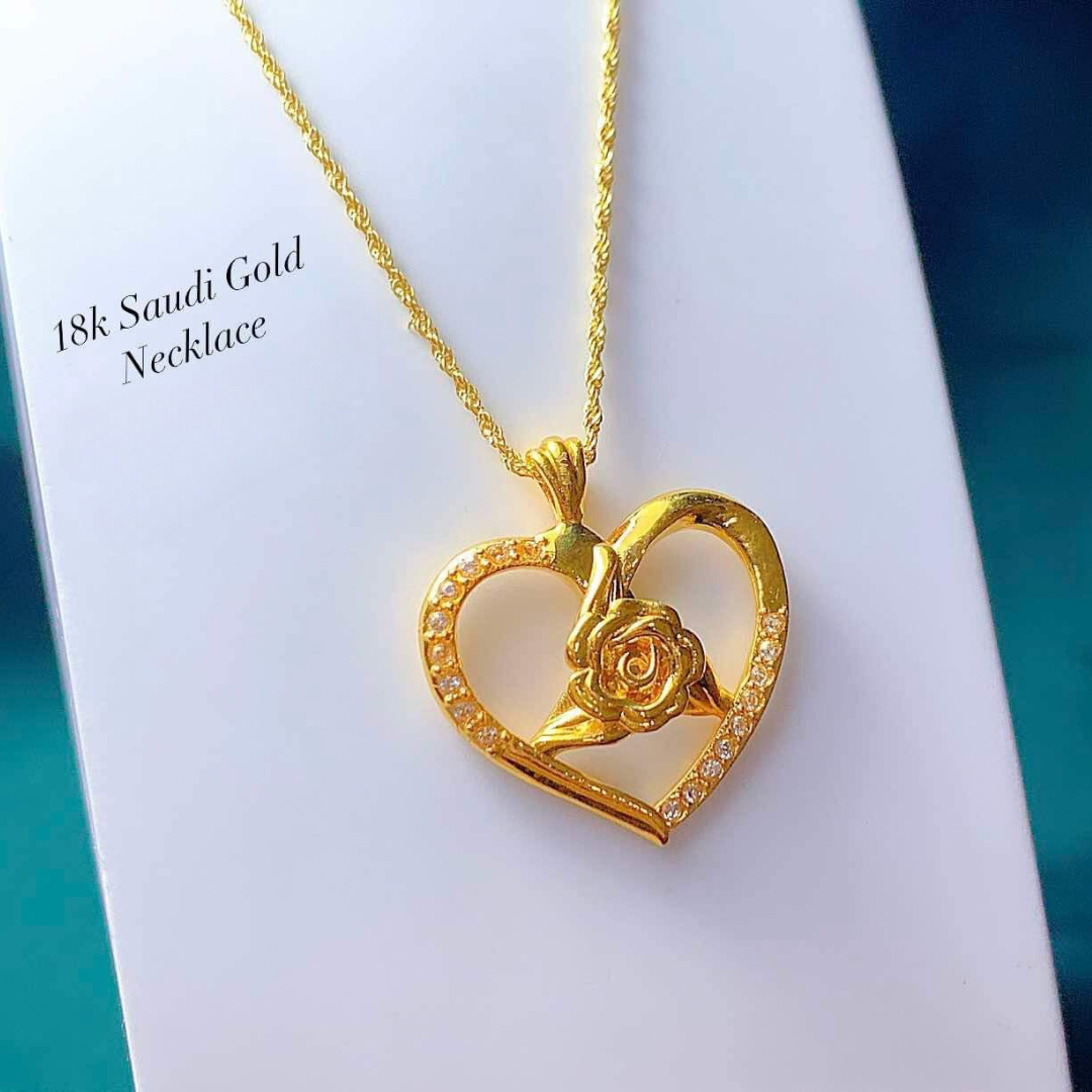 Rose Heart Necklace Set Pendant & Chain 18k Saudi Gold