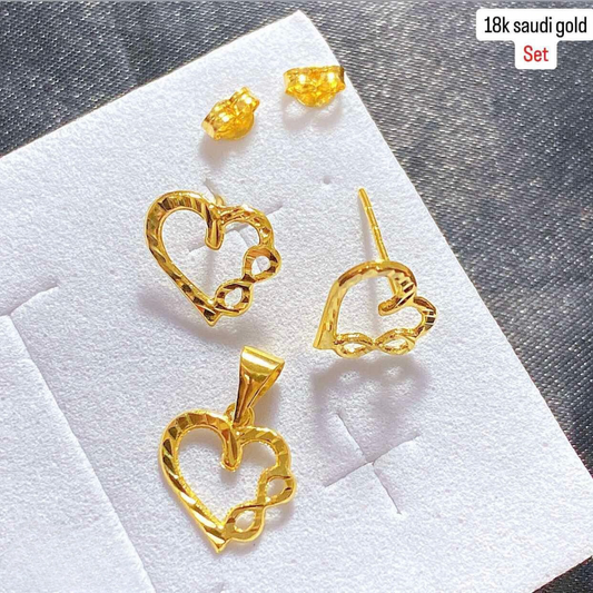 Diacut Infinity Heart Set Earrings & Pendant 18k Saudi Gold