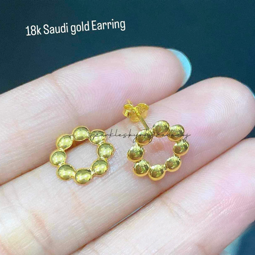 Beaded circle minimalist studs earrings solid 18k saudi gold