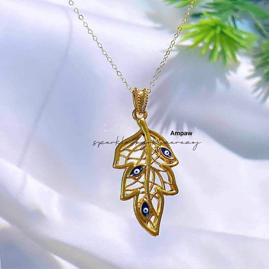 Set Golden Leaf Chain & Pendant With Triple Evil Eye Ampaw 18k Saudi Gold