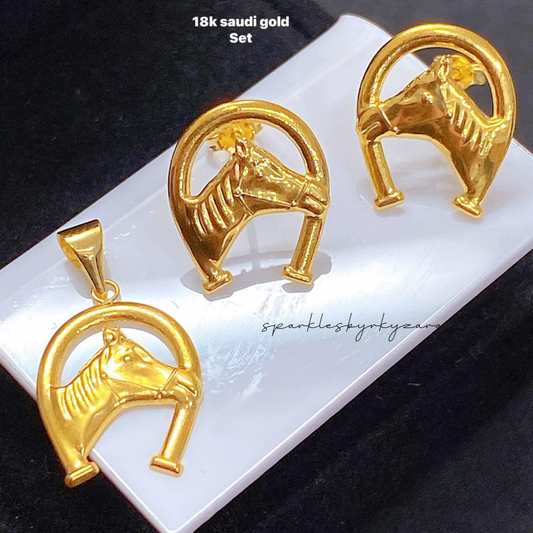 Gold Horse Head Set Pendant & Earrings 18k Saudi Gold