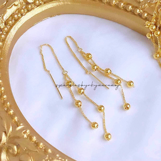 Triple balls dangling earrings solid 18k saudi gold