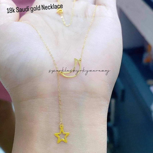 Half Moon & Star Necklace Solid 18k Saudi Gold