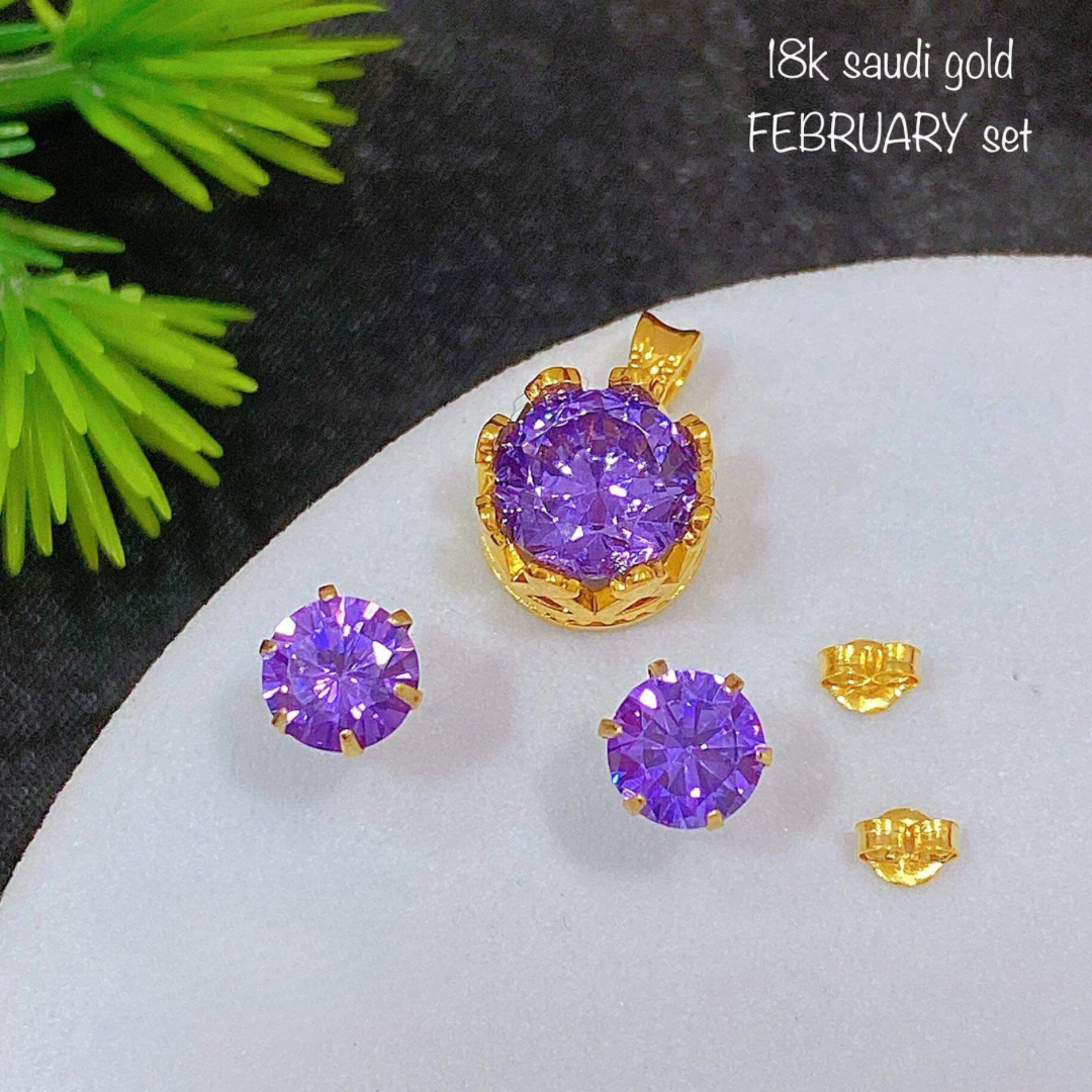 February (6Pin) Birthstone set Pendant & Earrings 18k Saudi Gold