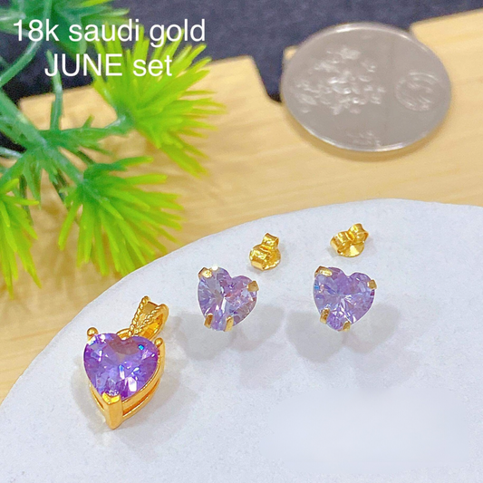 JUNE Heart Birthstone Set Pendant & Earrings 18k Saudi Gold