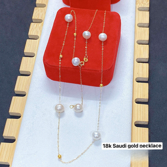 Station Pearl Necklace with Balls 18k Saudi Gold