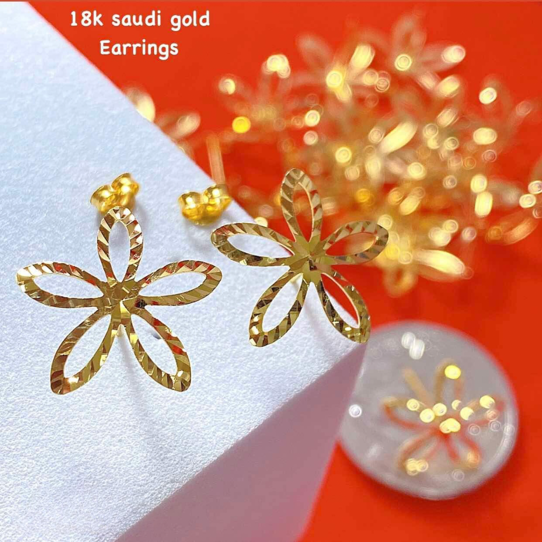 Golden Flower Earrings Solid 18k Saudi Gold