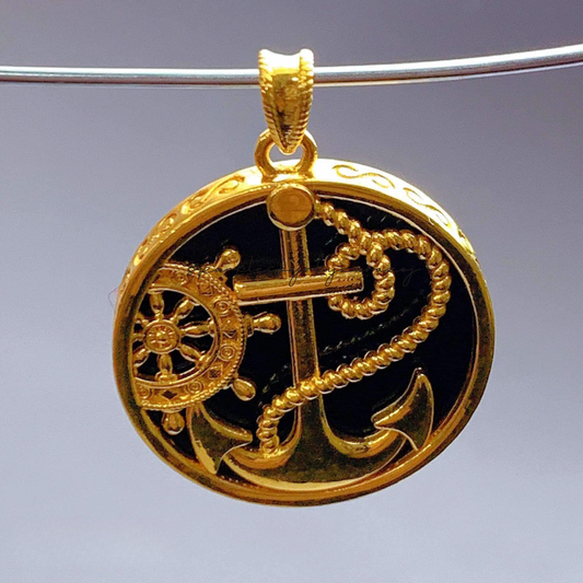 Ship Steering Wheel with Anchor Pendant Onyx Ampaw 18k Saudi Gold