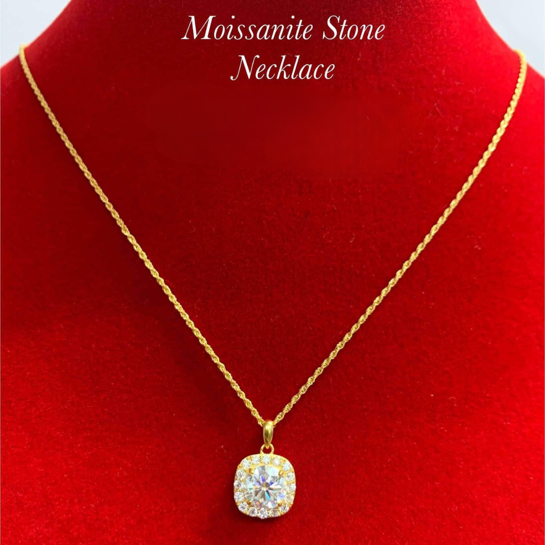 Square Diamond Moissanite Stone Necklace Set Chain & Pendant 18k Saudi Gold