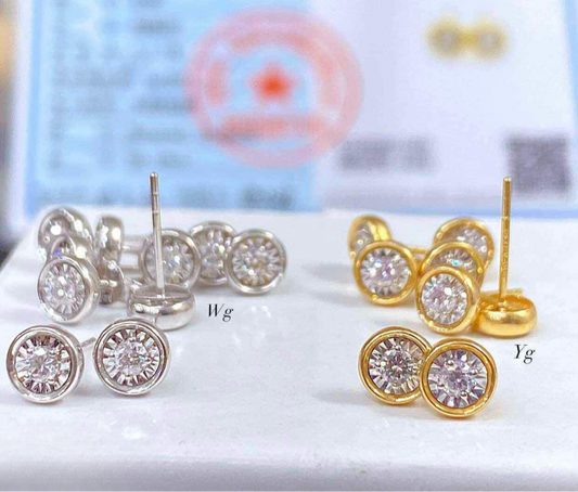 Round Natural Diamond Earrings GOLD & White Gold (Per Pcs) 18k Saudi Gold