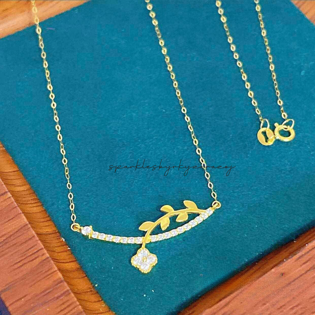 Leaf With Stone Necklace Solid 18k Saudi Gold