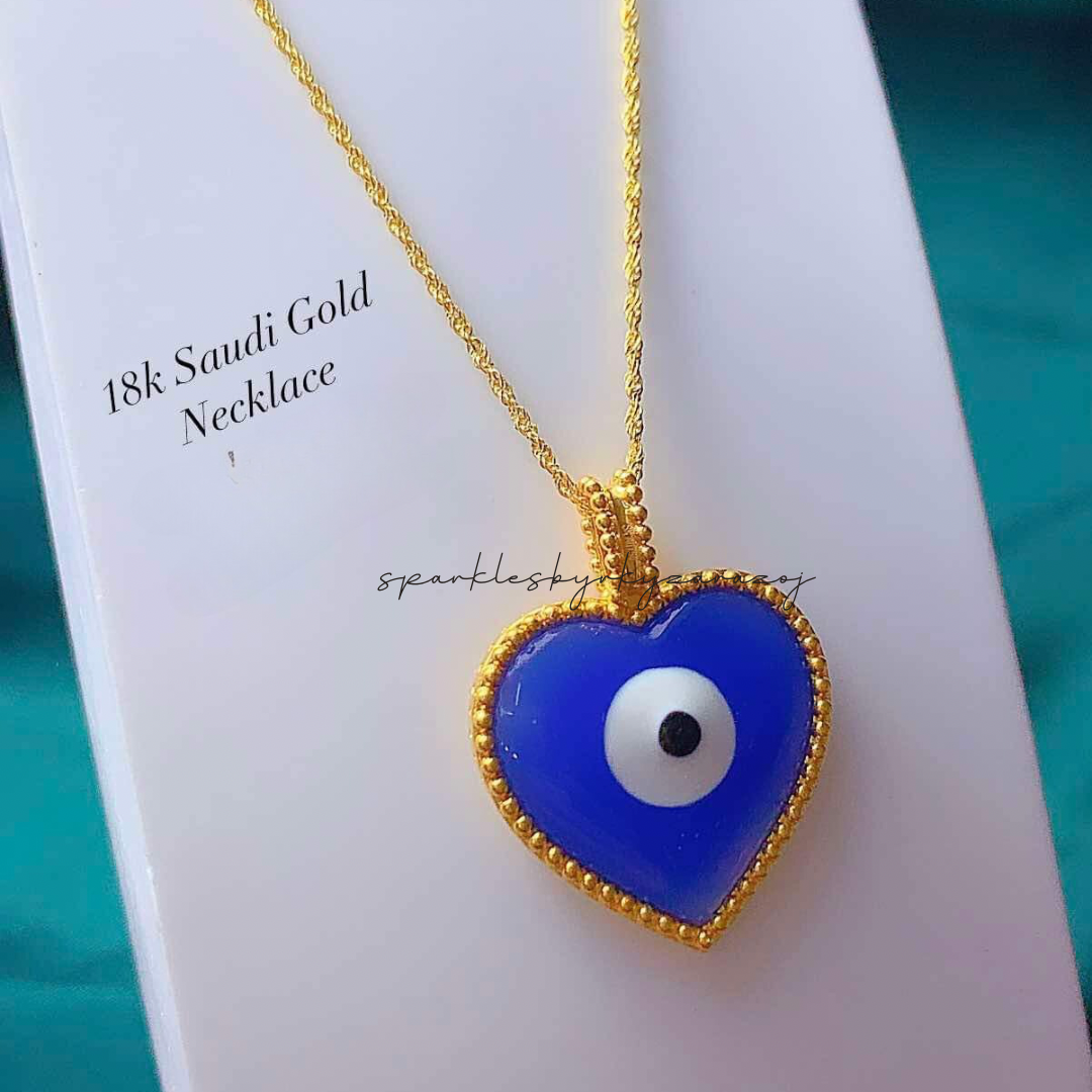 Blue Heart with Evil Eye Necklace Set Chain & Pendant 18k Saudi Gold