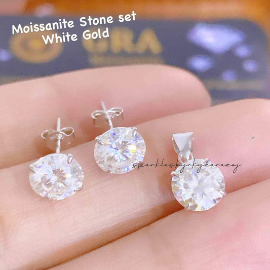 Set Moissanite Stone Earrings and Pendant With White Gold 18k Saudi Gold