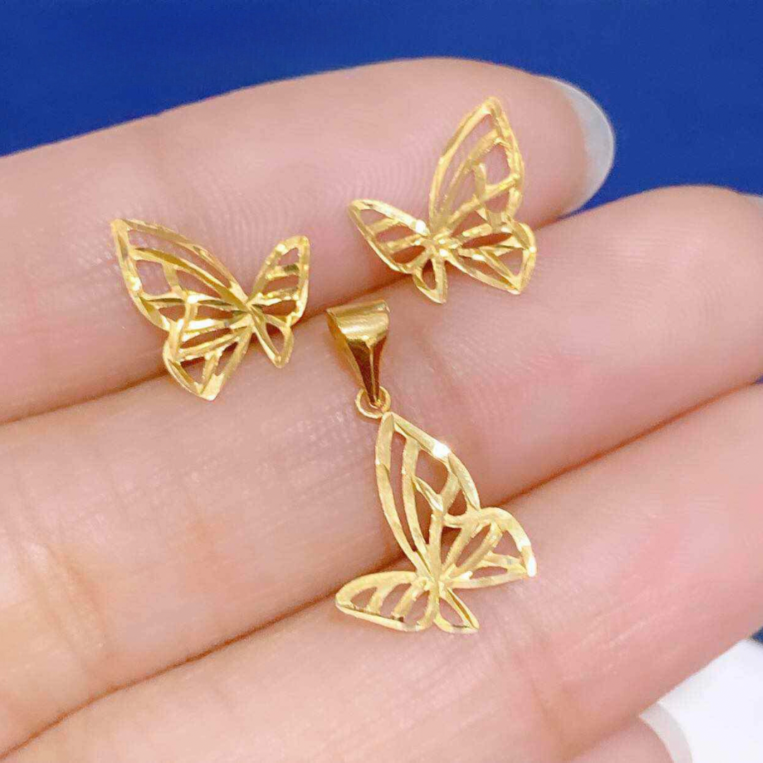 Set Golden Butterfly Pendant Solid 18k Saudi Gold