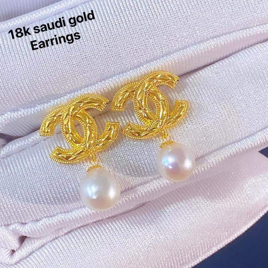 CC With Pearl Earrings Ampaw 18k Saudi Gold