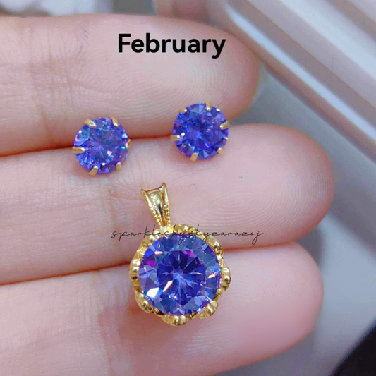 February Circle Birthstone Pendant & Earrings 18k Saudi Gold