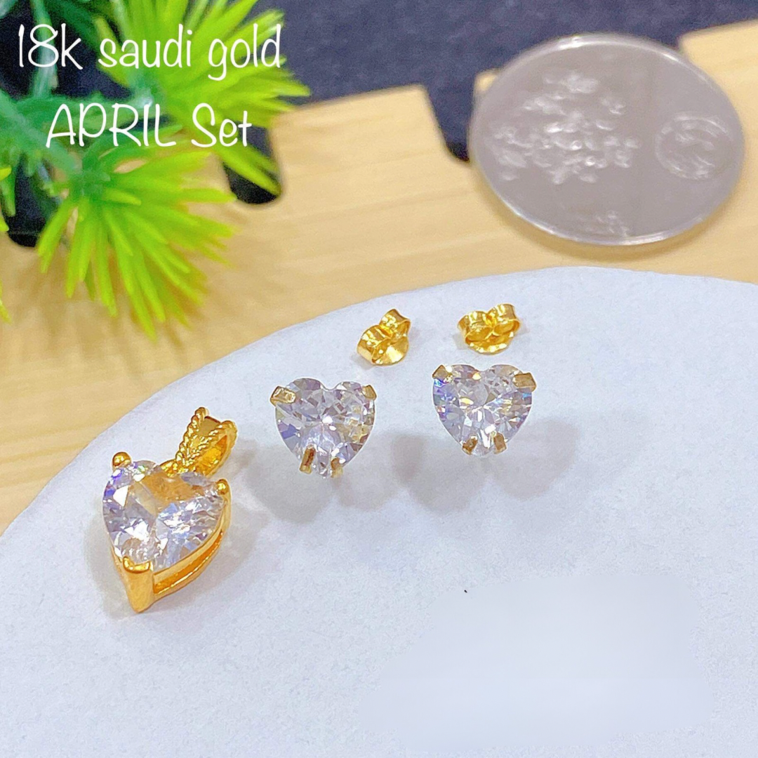 April Heart Birthstone set Pendant & Earrings 18k Saudi Gold