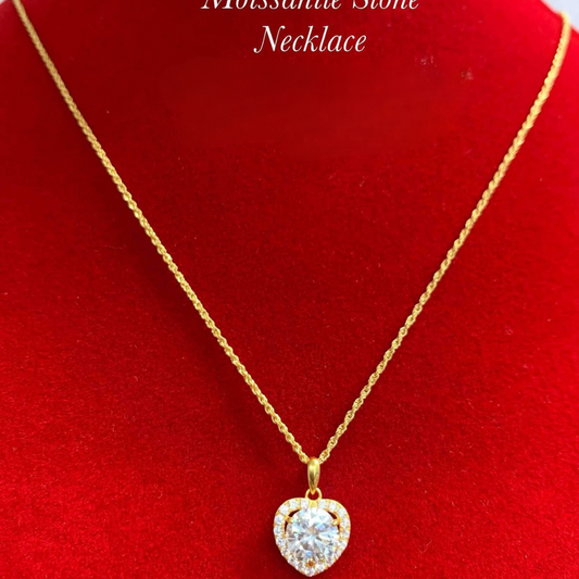 (3Pin)Heart Moissanite Stone Necklace Set Chain & Pendant 18k Saudi Gold