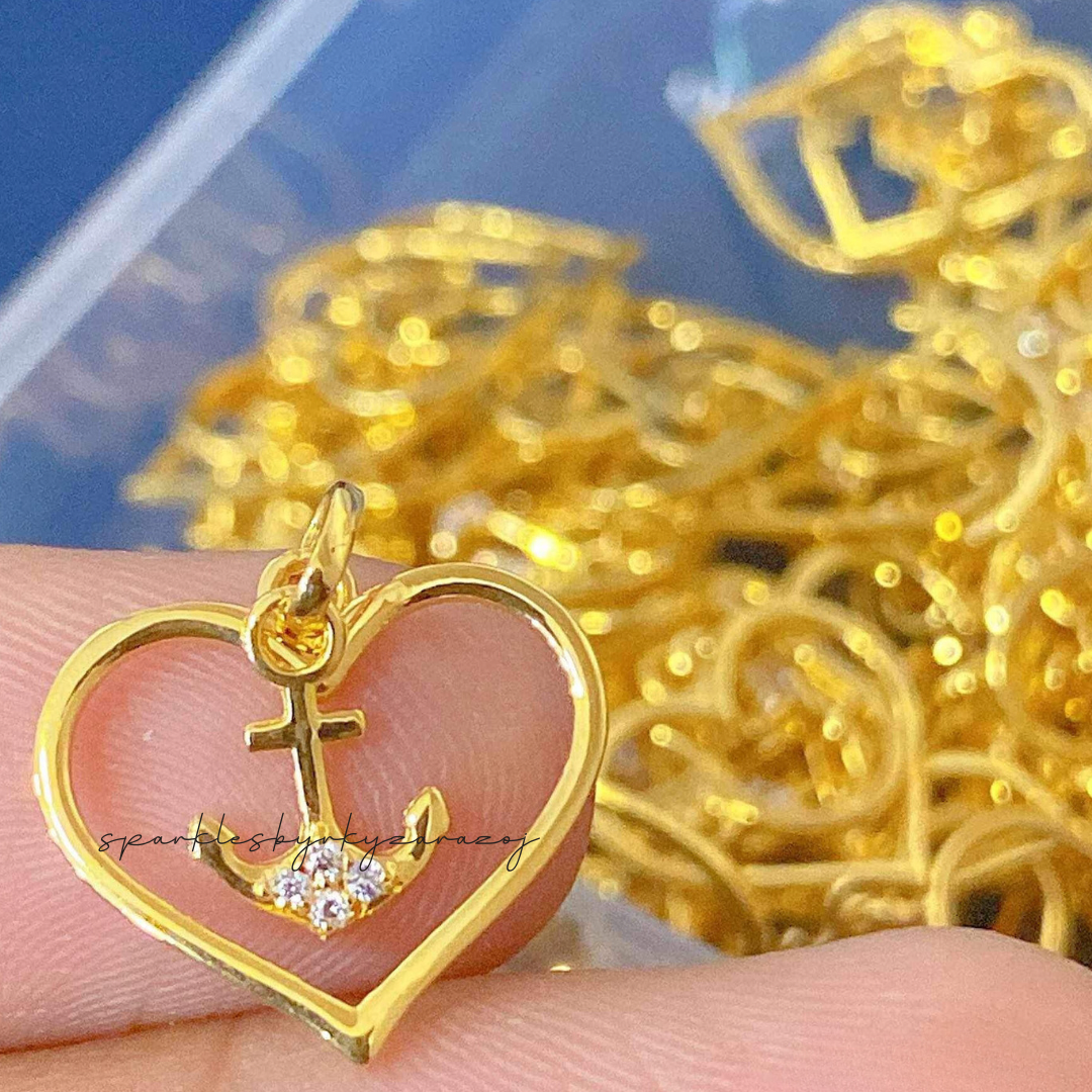 Anchor Heart with Crystal Pendant Solid 18k Saudi Gold