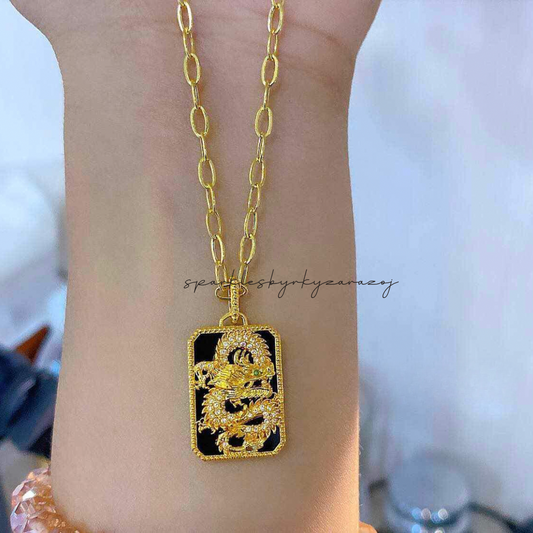 Set Dragon Bar Chain & Pendant Necklace 18k Saudi Gold