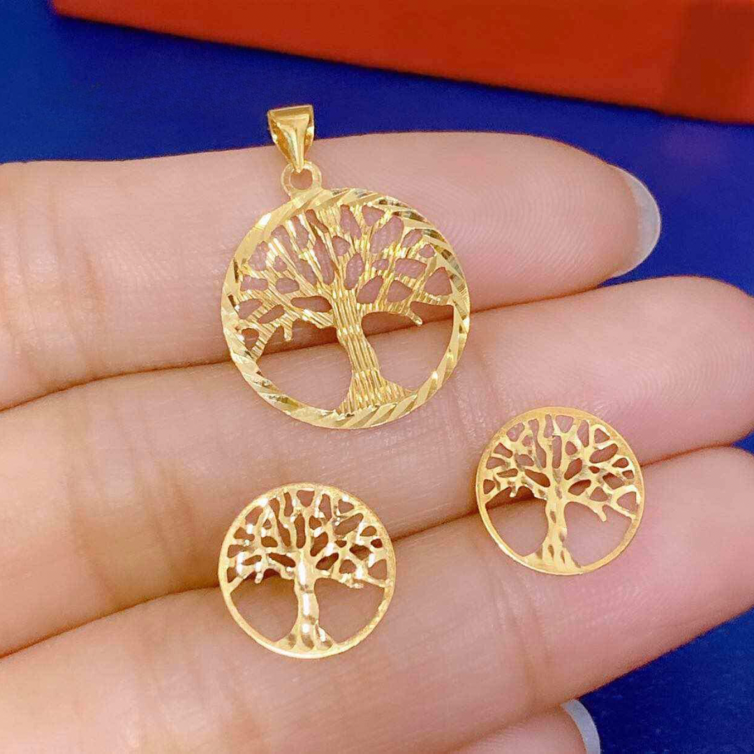 Set Tree of Life Pendant Solid 18k Saudi Gold