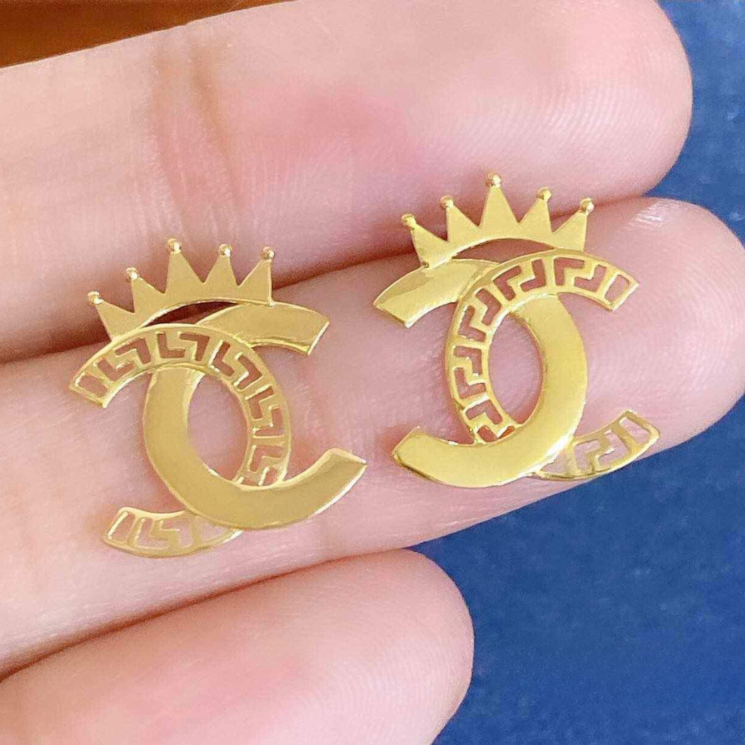 Crown CC Earrings Solid 18k Saudi Gold