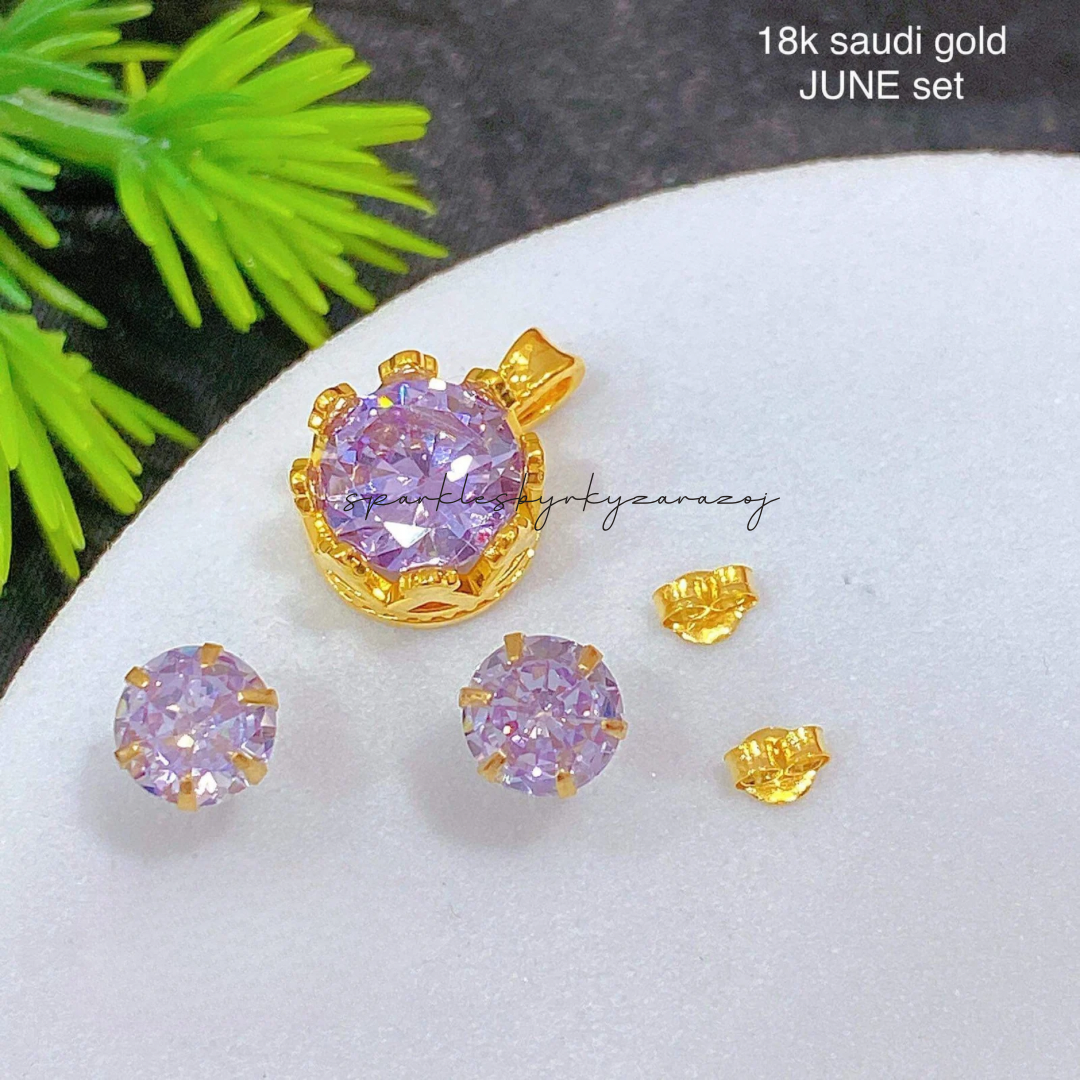 June (6Pin) Birthstone set Pendant & Earrings 18k Saudi Gold