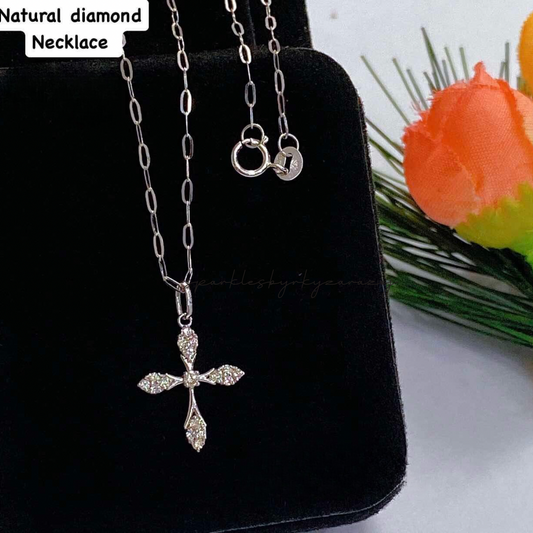 Cross Natural Diamond Necklace White Gold 18k Saudi Gold