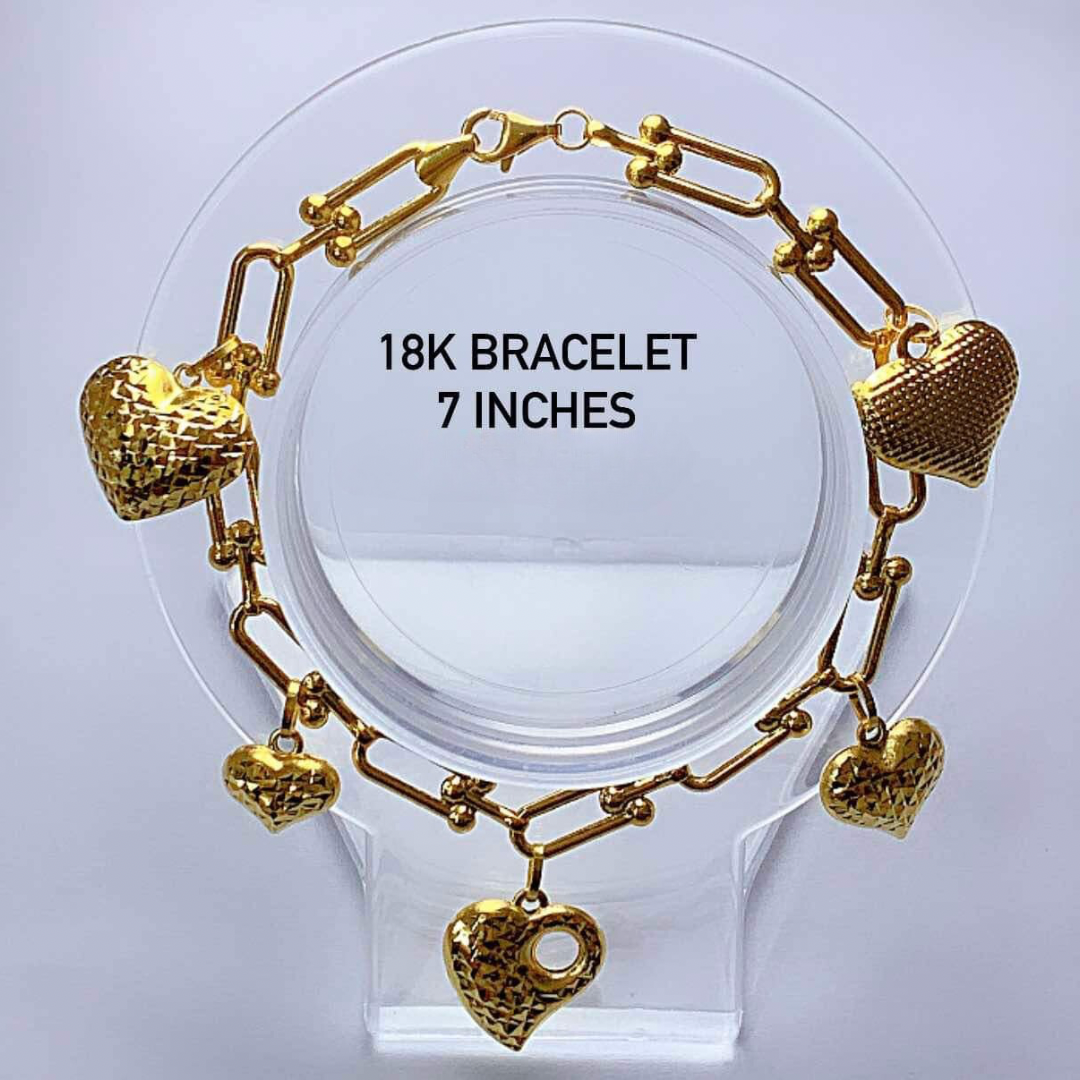 7" Hardware with Diacut Heart Bracelet 18k Saudi Gold