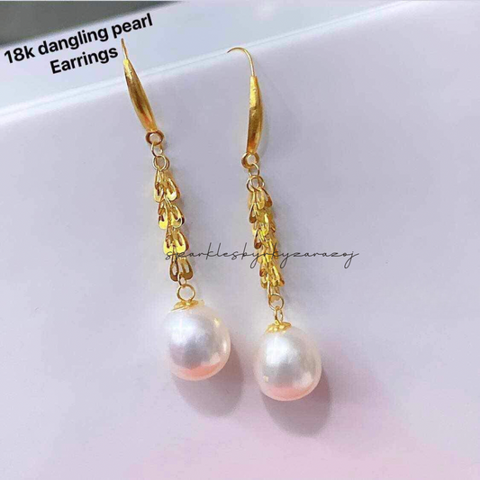 Dangling Pearl Earrings Ampaw 18k Saudi Gold