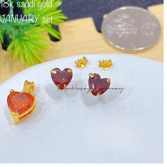 January Heart Birthstone set Earrings & Pendant 18k Saudi Gold