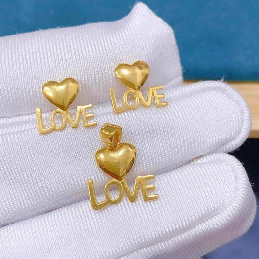 Set Heart LOVE Pendant Solid 18k Saudi Gold