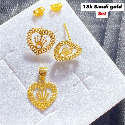 Crown Heart Set Earrings & Pendant 18k Saudi Gold