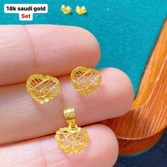 Net Heart Set Earrings & Pendant 18k Saudi Gold