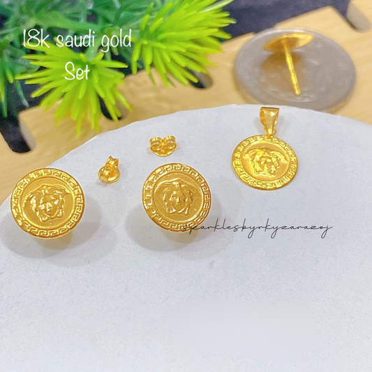 Golden Medusa Set Pendant & Earrings 18k Saudi Gold