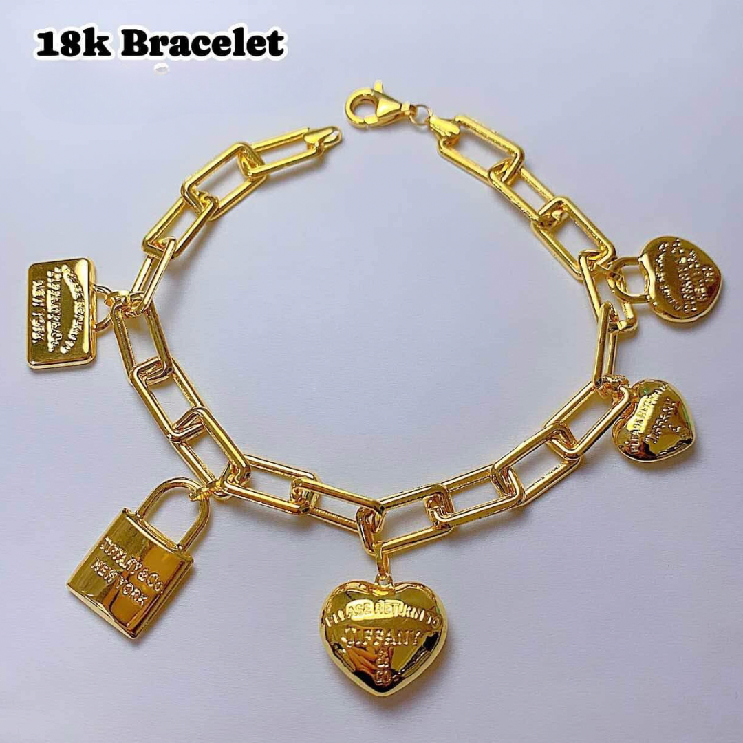 Hardware Bracelet with Double PadLock & Triple Heart 18k Saudi Gold