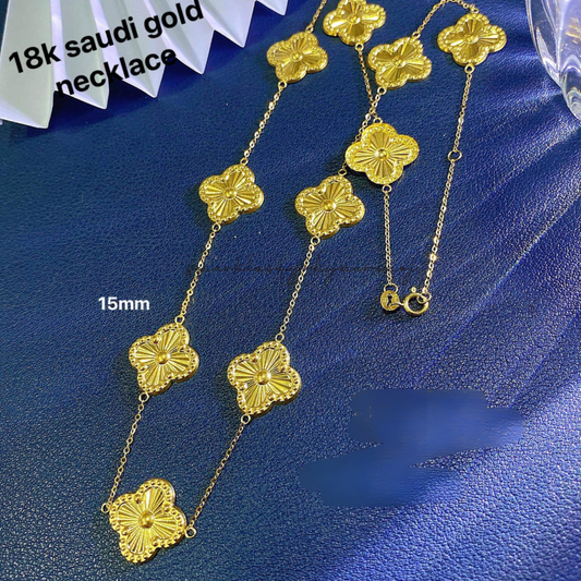 Station Clover Gold Necklace Solid 18k Saudi Gold