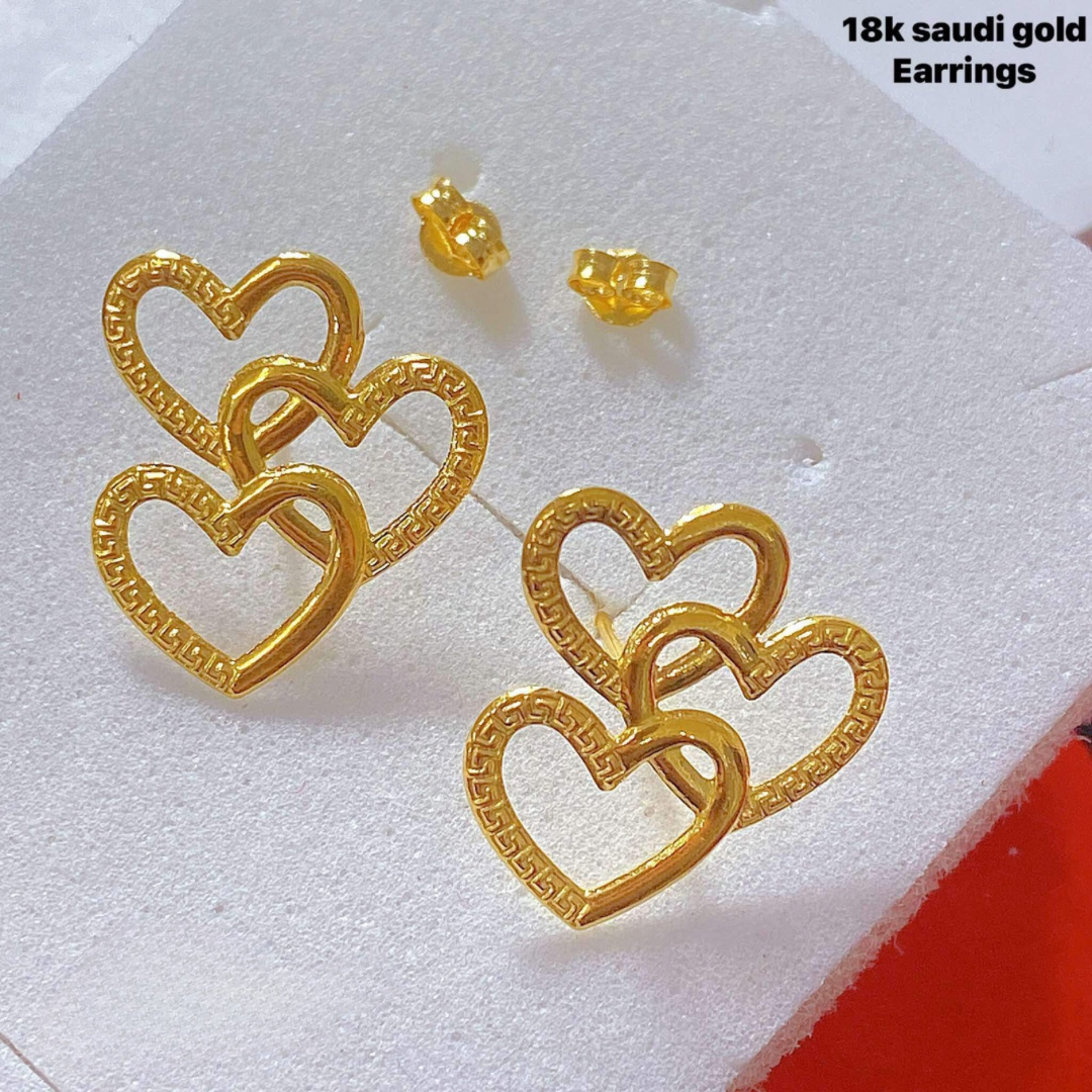 Triple Heart Half Fendi/Plain Earrings 18k Saudi Gold