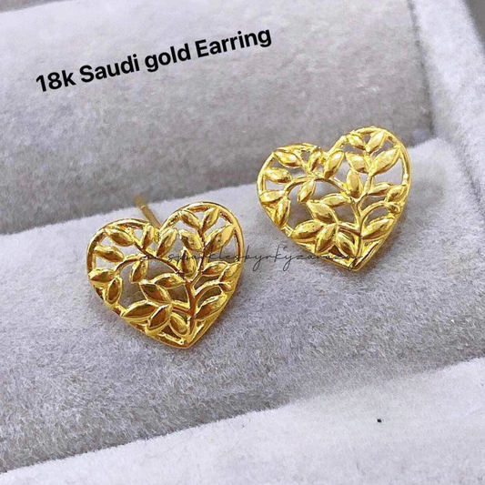 Leaf heart solid earrings 18k saudi gold