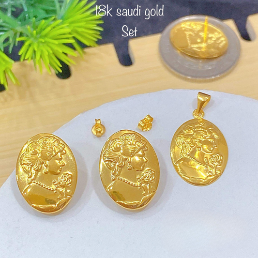 Mother Holding Rose Set Pendant & Earrings 18k Saudi Gold