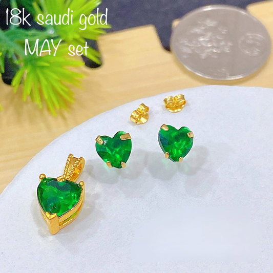 MAY Heart Birthstone Set Pendant & Earrings 18k Saudi Gold