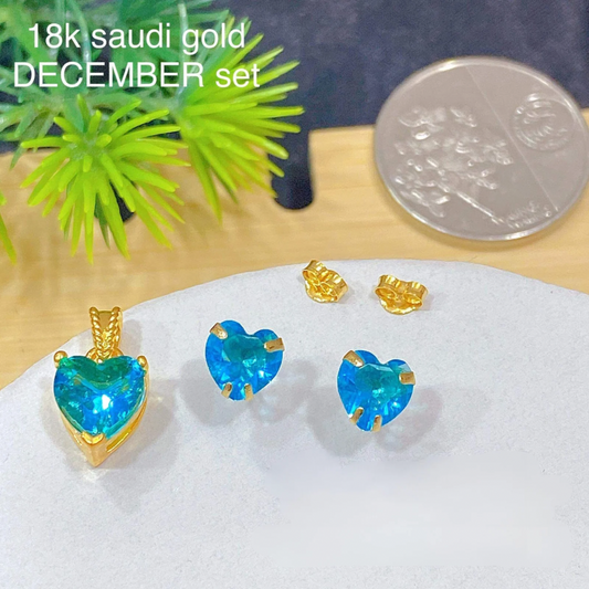 December Heart Birthstone set Pendant & Earrings 18k Saudi Gold