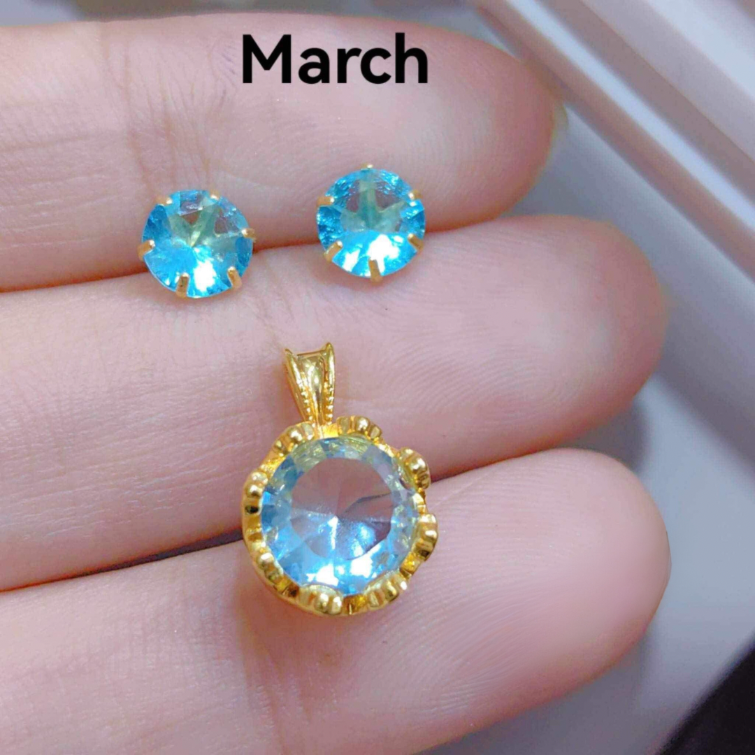 March Circle Birthstone Pendant & Earrings 18k Saudi Gold