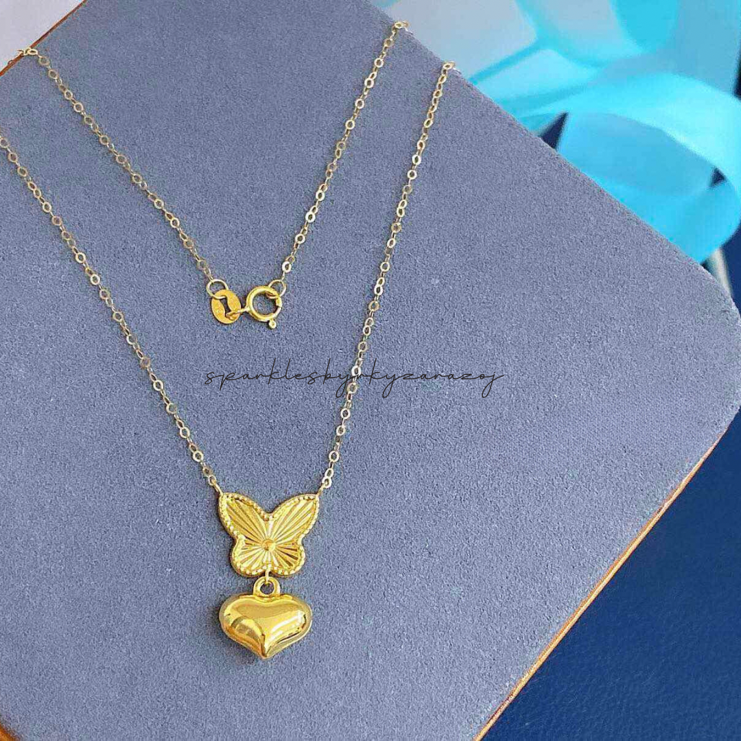 Butterfly Heart Necklace Solid 18k Saudi Gold