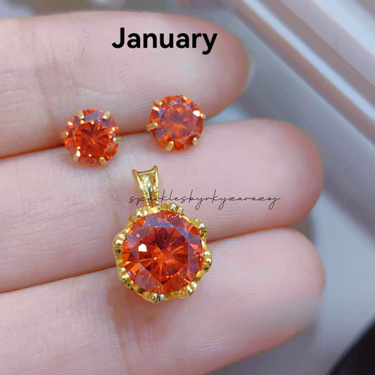 January Circle Birthstone Pendant & Earrings 18k Saudi Gold