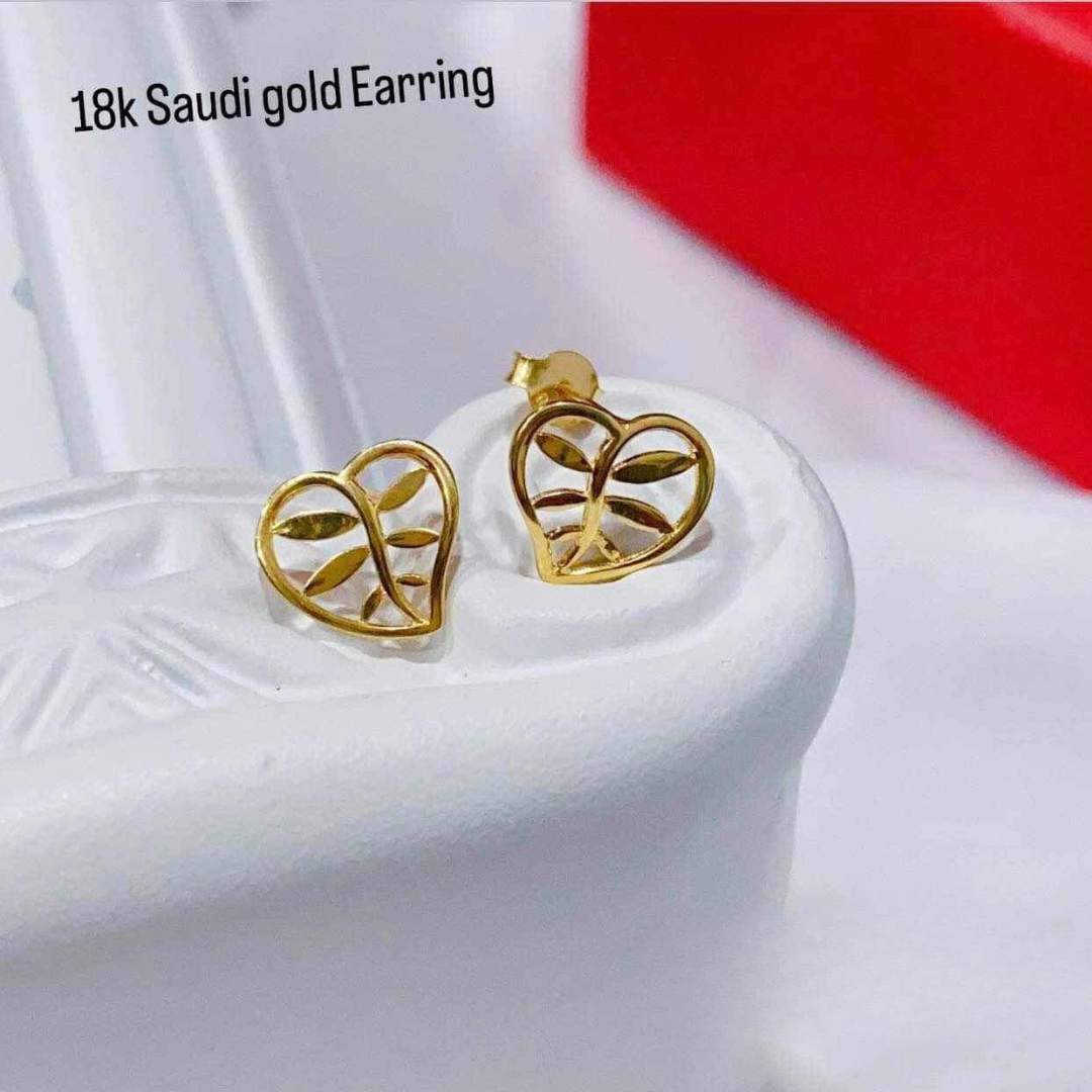 Leaf decor heart shape stud earrings solid 18k saudi gold