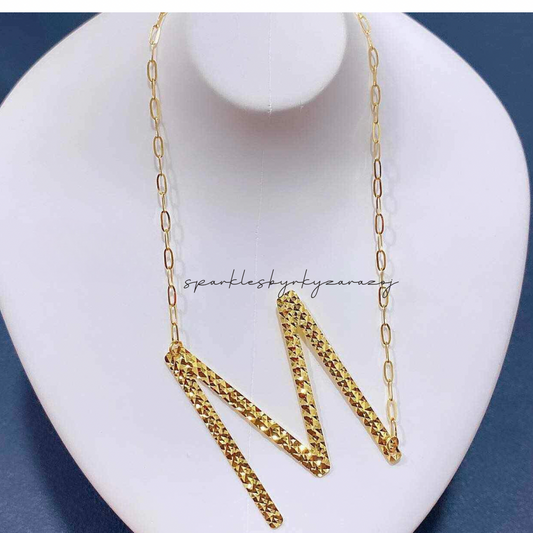 Letter M Diacut Necklace Solid 18k Saudi Gold