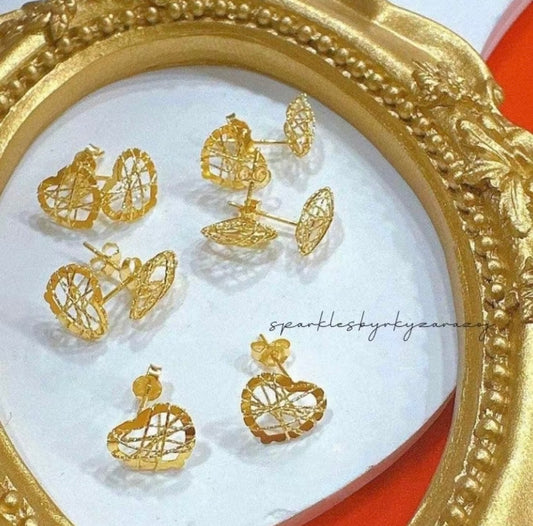 Net Heart Earrings Solid 18k Saudi Gold