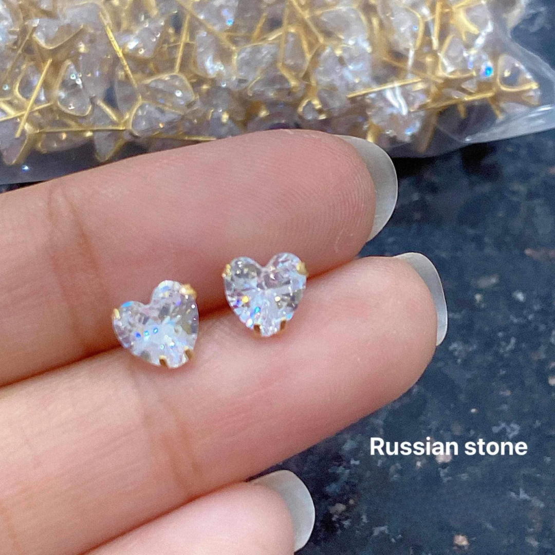 Russian Stone Heart Earrings Solid 18k Saudi Gold