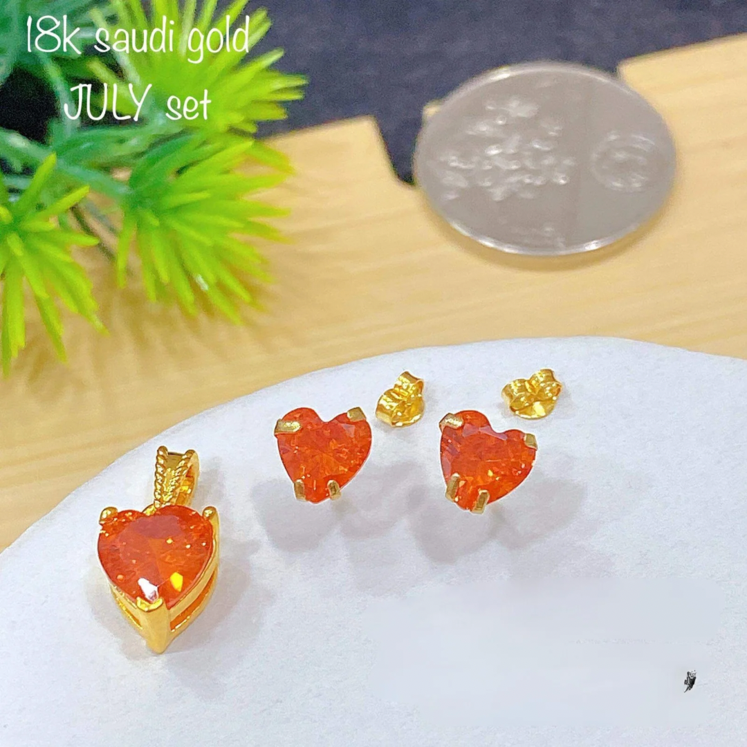 JULY Heart Birthstone set Pendant & Earrings 18k Saudi Gold